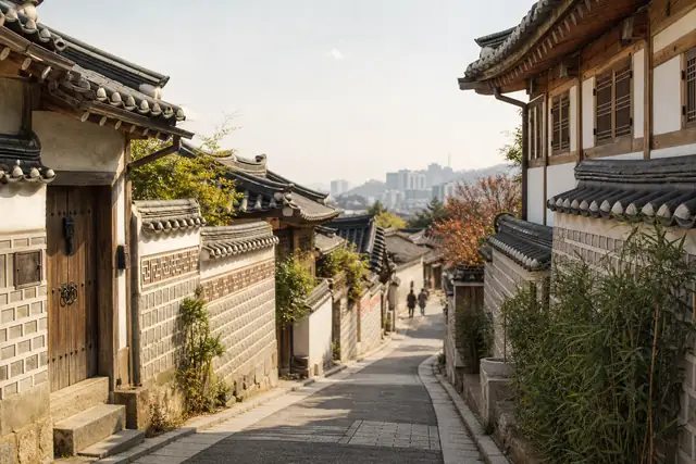 한옥 지붕 사이로 이어지는 북촌 골목길을 내려다보는 여행 일러스트